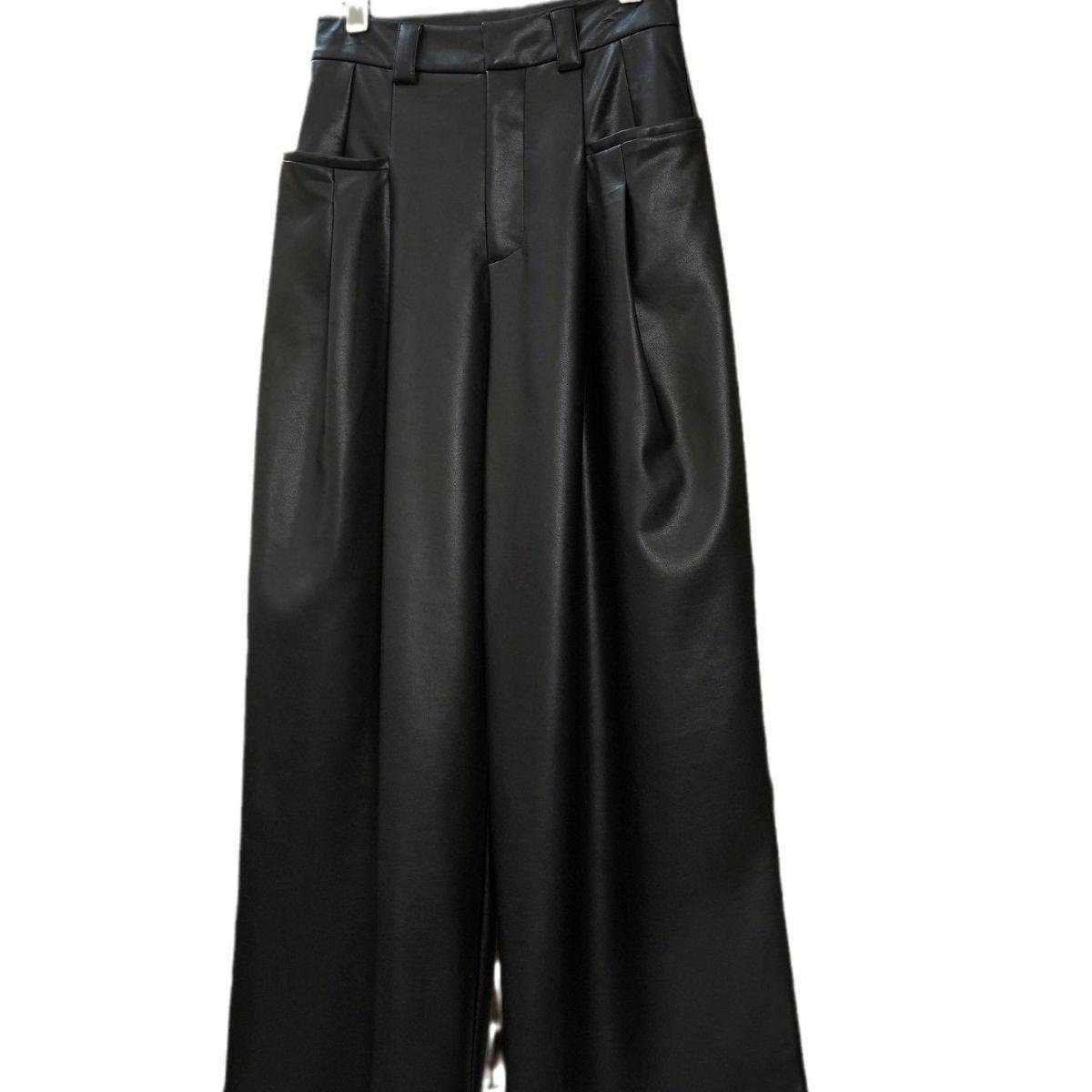 Women's High Waist PU Slim-fit Wide-leg Pants - Nioor