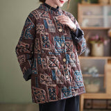 Ethnic Style Vintage Printed Quilted Stand Collar Jacket Winter Thick Cotton Coat - Nioor