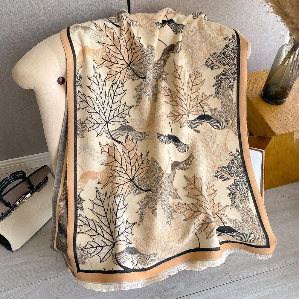 Artificial Cashmere Scarf Women's Elegant New Maple Leaf Printed Shawl - Nioor