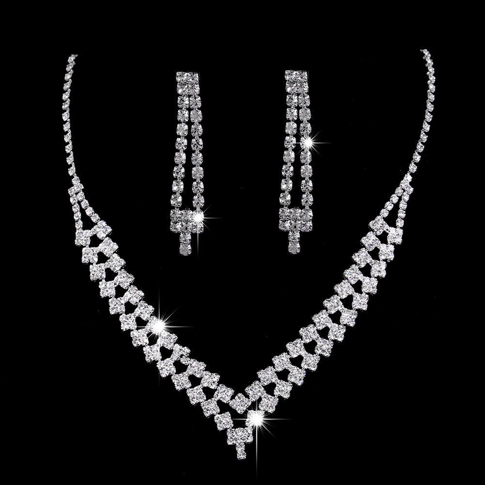 Full Rhinestone Zircon Water Drop Necklace Earrings Jewelry Set - Nioor