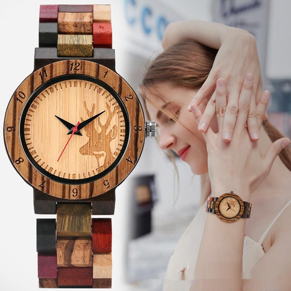 Classic Women's Colorful Elk Quartz Wooden Watch - Nioor