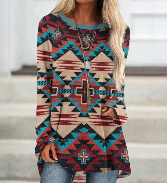 Long T-shirt Dress Retro Ethnic Style - Nioor