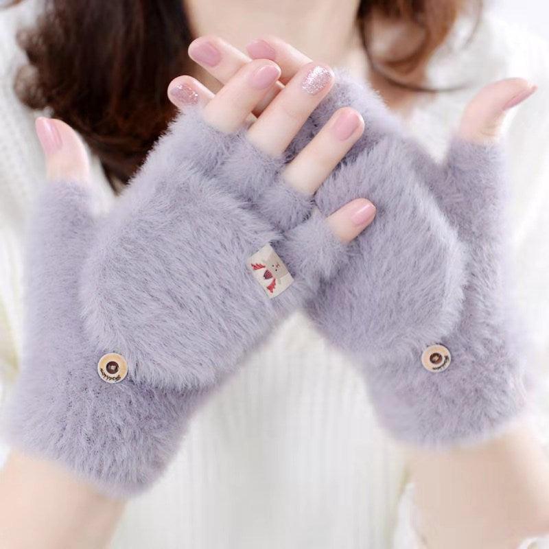 Knitted Plush Flap Half Finger Gloves - Nioor