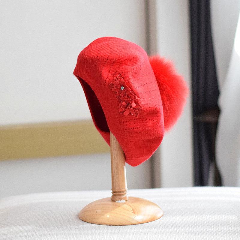 New Wool Double-layer Rhinestone Flower Knitted Beret Women's - Nioor