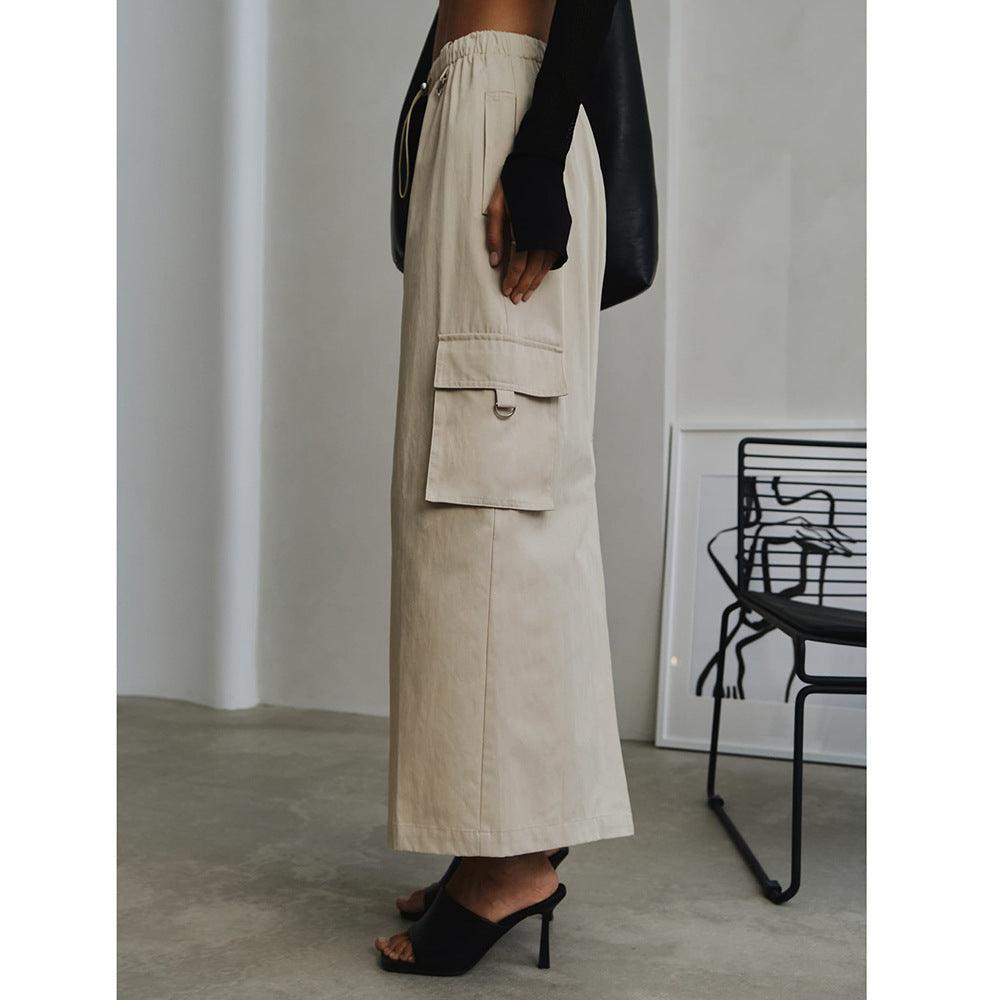 Women's Fashion Drawstring Elastic Waist Double Pocket Cotton High Waist Skirt - Nioor