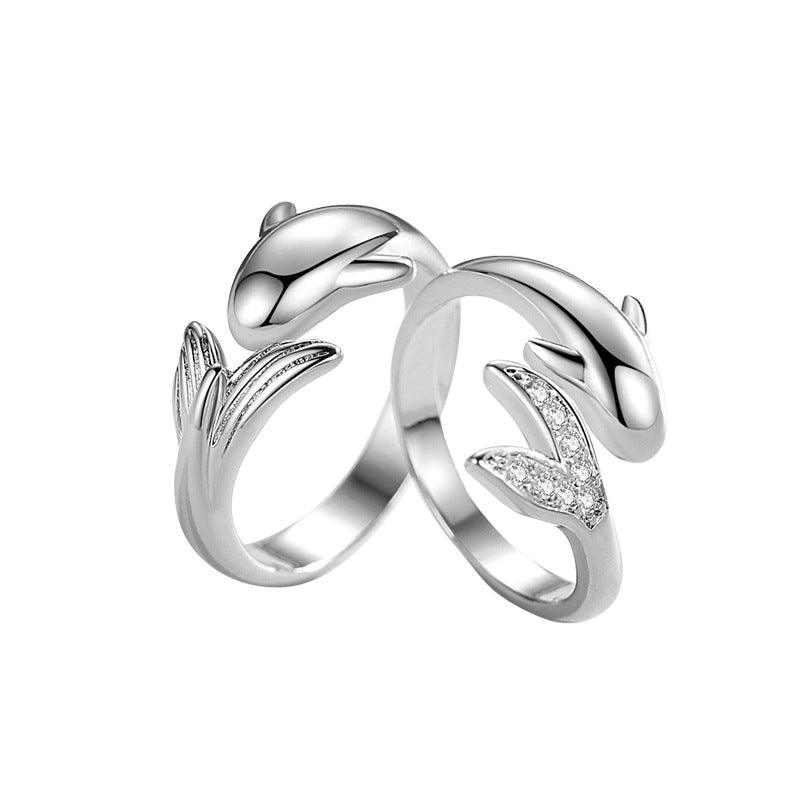 Simple Diamond Inlaid Small Fish Couple Ring - Nioor