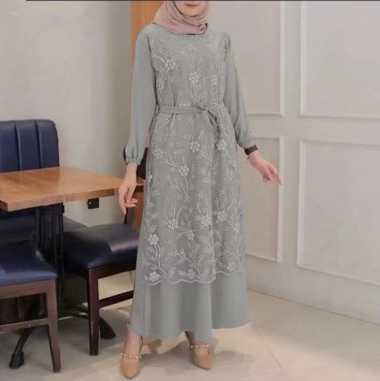 Muslim Round Neck Lace Floral Dress