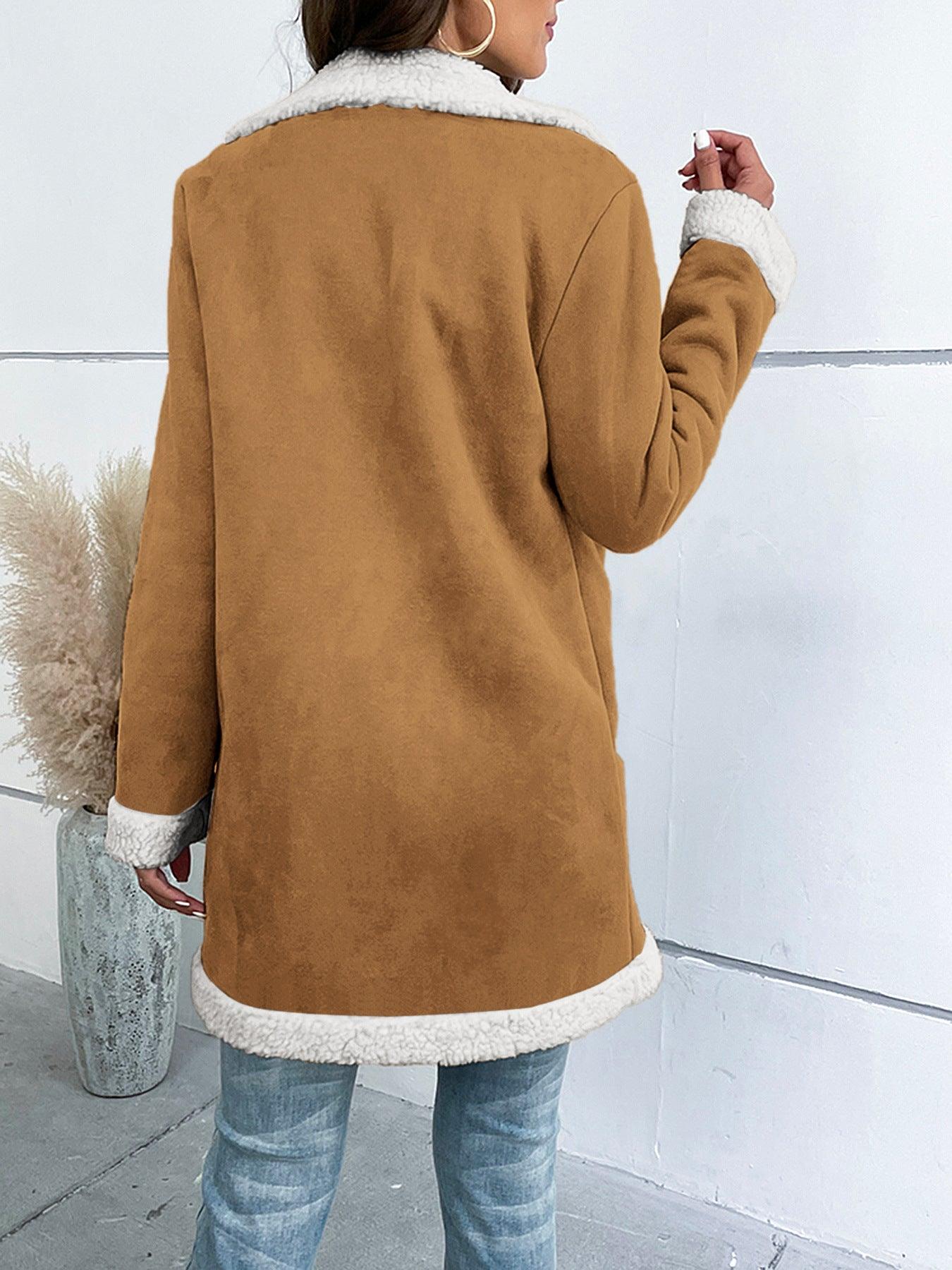 Long Sleeve Lapel Suede Elegant Woolen Coat - Nioor