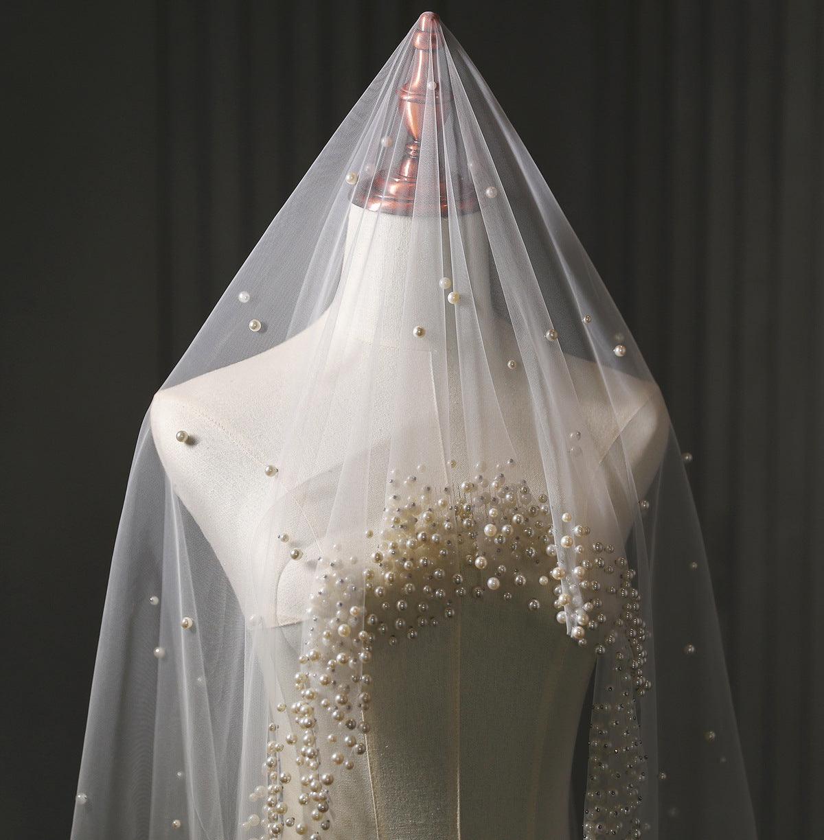 Pearl Wedding Veil 1 Layer Long Bridal Cathedral Veil - Nioor