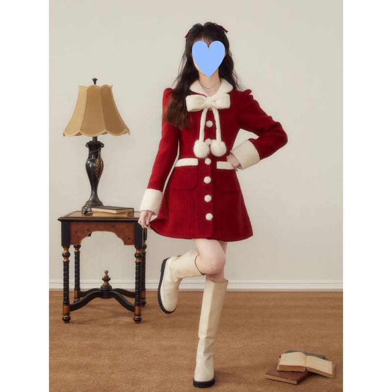 Women's Winter Christmas New Year Red Woolen Coat - Nioor