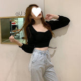 Bare Midriff High Waist Short Shirt Long-sleeved Shirt - Nioor