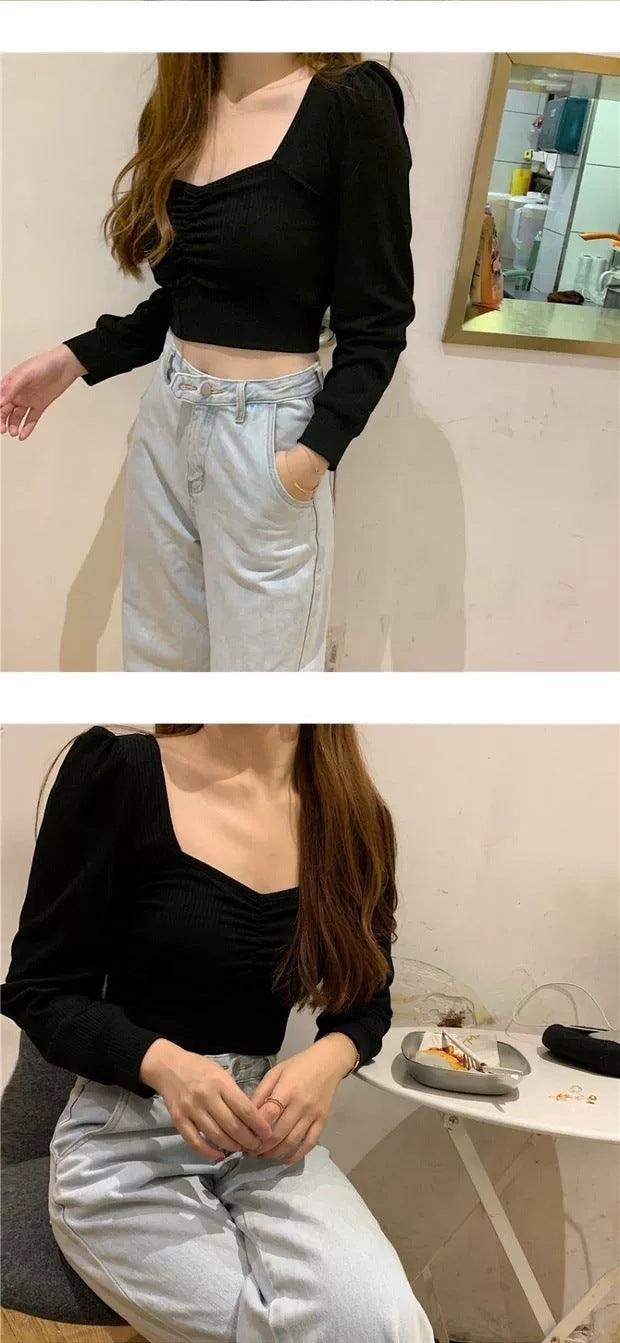 Bare Midriff High Waist Short Shirt Long-sleeved Shirt - Nioor