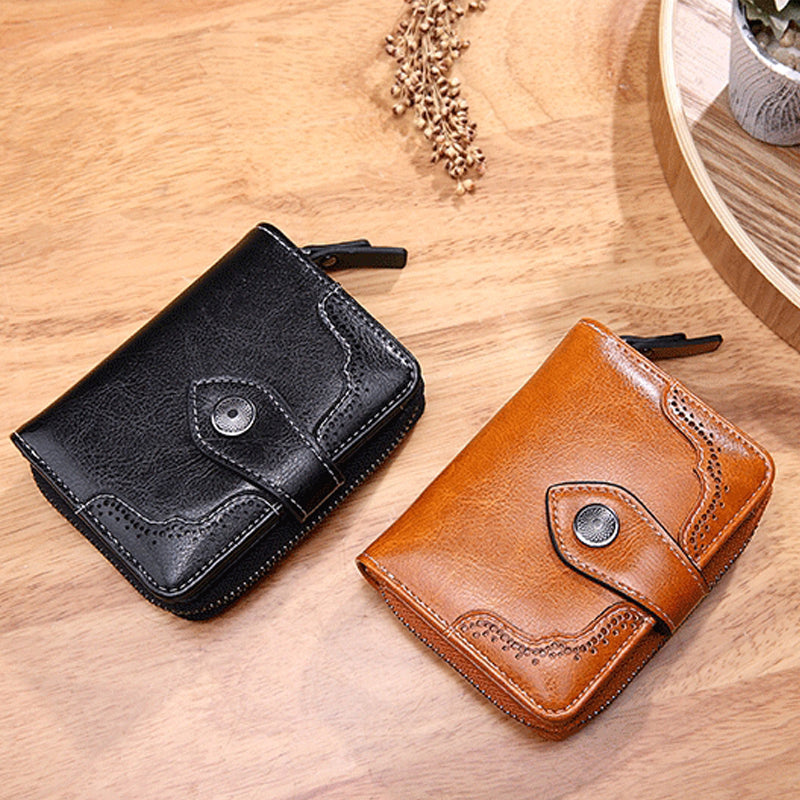 Women's Retro Wax Leather Zipper Wallet