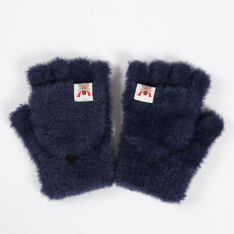 Knitted Plush Flap Half Finger Gloves - Nioor