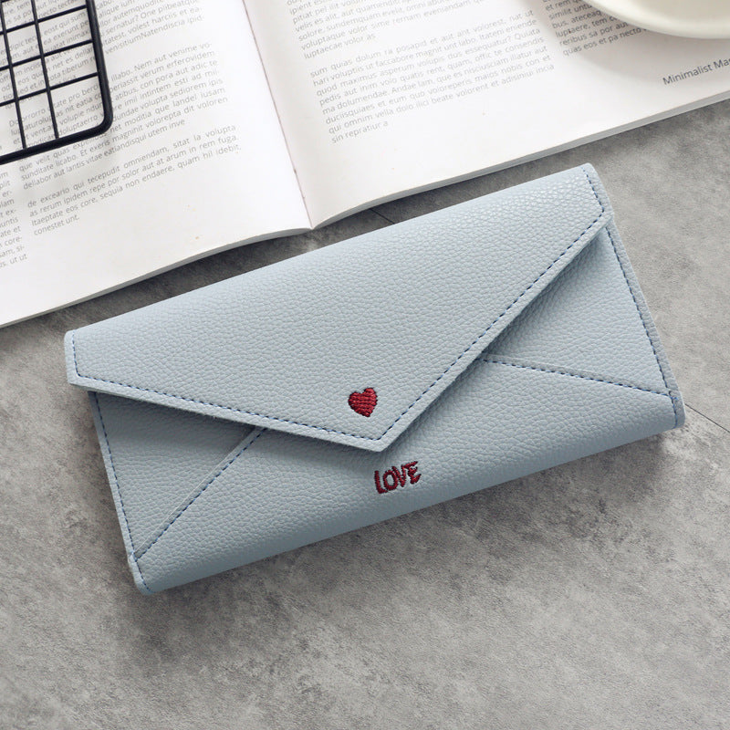 Women's Long Heart-shaped Letter Embroidery Line 2 Fold Multifunctional Simple Wallet Student Multifunctional Wallet