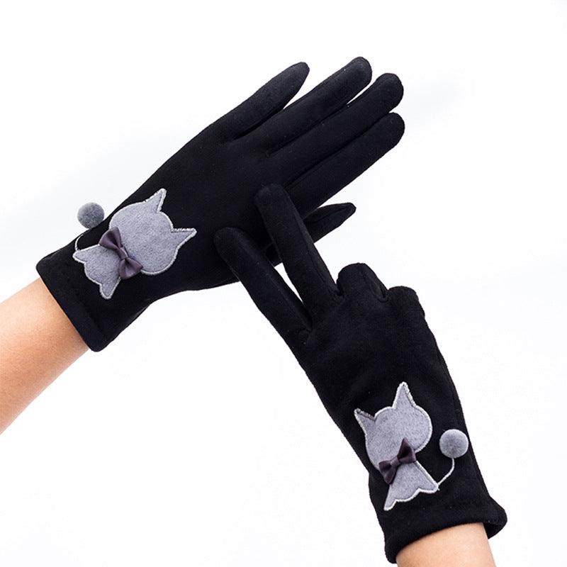 Autumn And Winter Embroidered Cat Touch Screen Gloves Suede Thickened Fleece-lined Riding Warm Gloves - Nioor