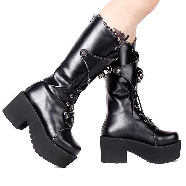 Zipper Studded Skull Punk Thick-soled High Boots - Nioor