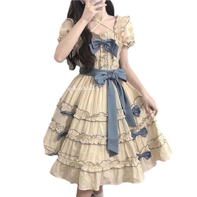 French Lolita Princess Dress Western Style Puff Sleeve Stitching Lace - Nioor