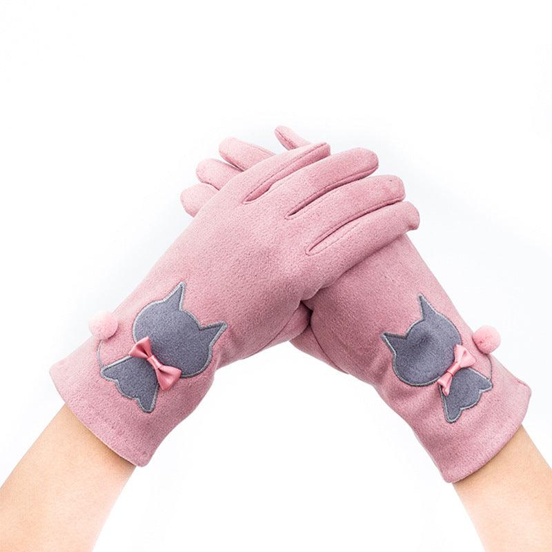 Autumn And Winter Embroidered Cat Touch Screen Gloves Suede Thickened Fleece-lined Riding Warm Gloves - Nioor