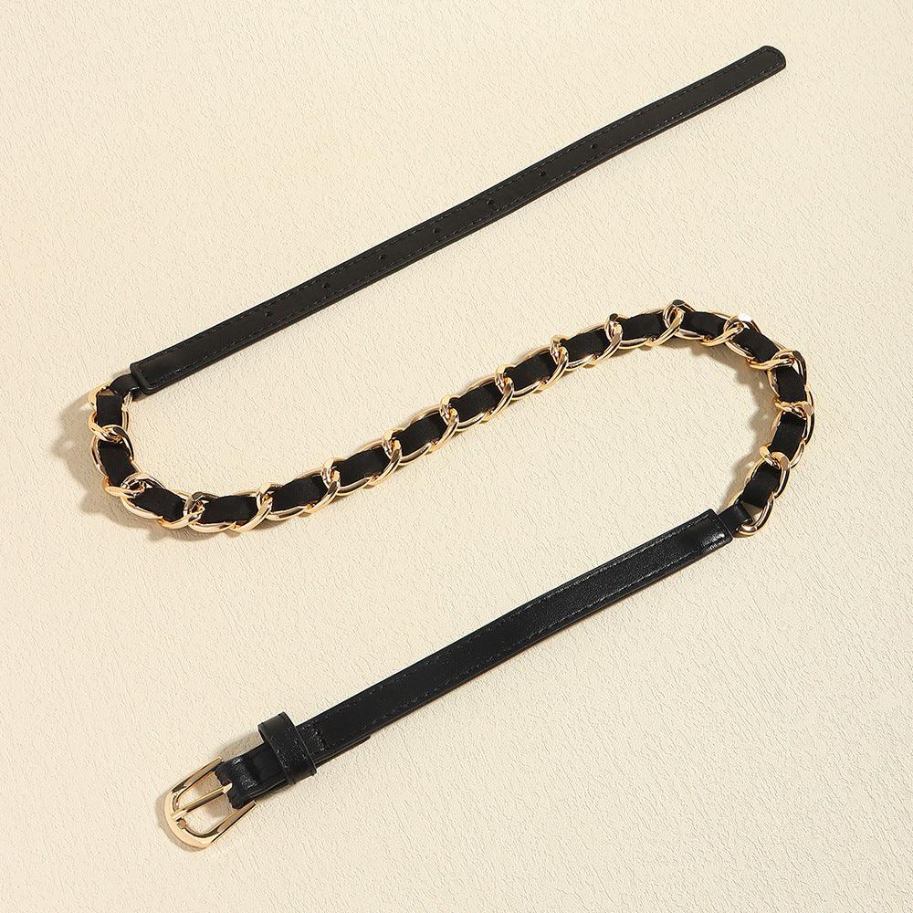 European And American Simple Women's Metal Chain Woven PU Stitching Belt Punk Versatile Simple Waist Chain - Nioor