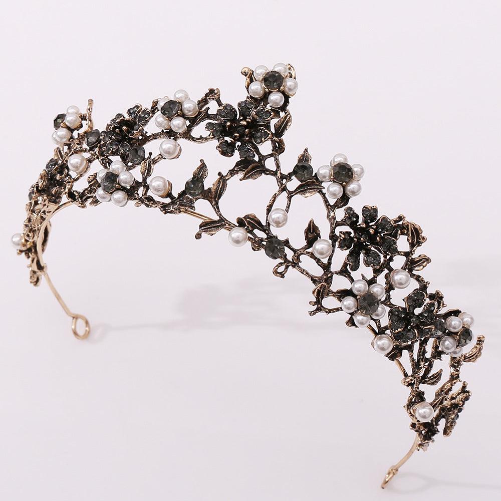 Floral Black Diamond Pearl Baroque Bridal Crown Wedding Tiara Accessories - Nioor