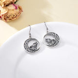 Wolf Celtic Moon Dangle Drop Earrings in Sterling Silver - Nioor