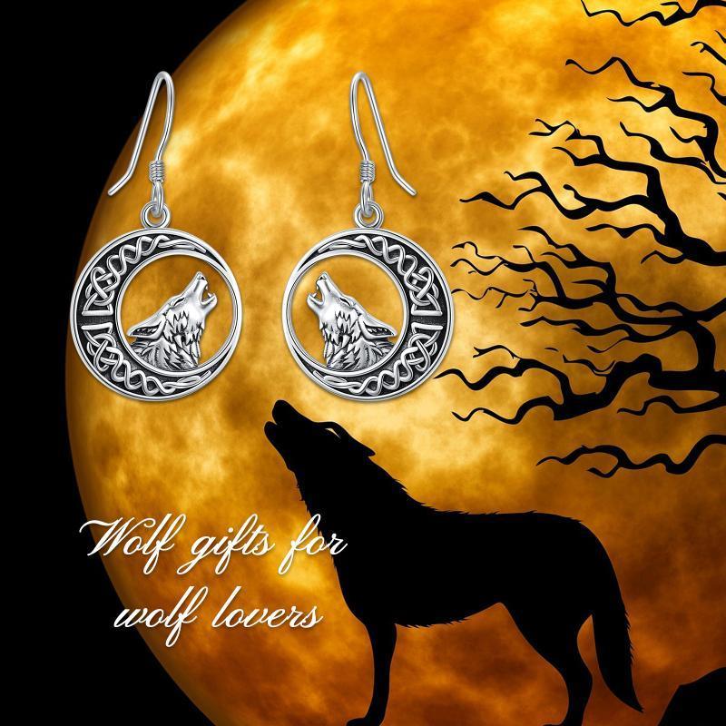 Wolf Celtic Moon Dangle Drop Earrings in Sterling Silver - Nioor