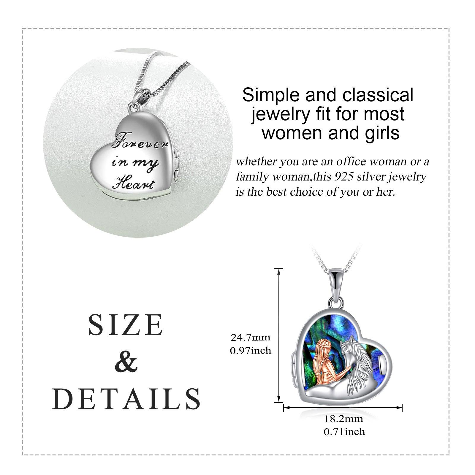 Horse and Girl Abalone Shellfish Heart Sterling Silver Photo Locket Necklace - Nioor