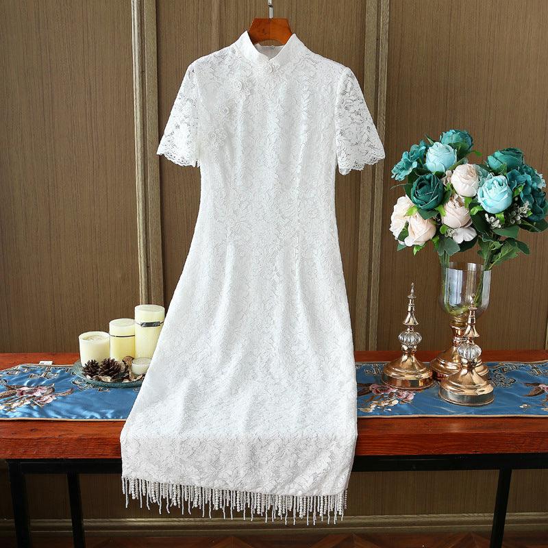 Bead Curtain Tassel Silk Flower Mid-length Improved Dress - Nioor