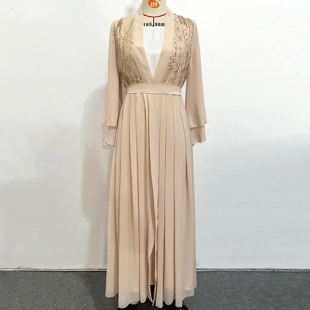 Beige Double-layer Chiffon Fashionable Outerwear Dress - Nioor