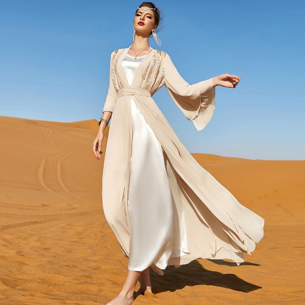 Beige Double-layer Chiffon Fashionable Outerwear Dress - Nioor