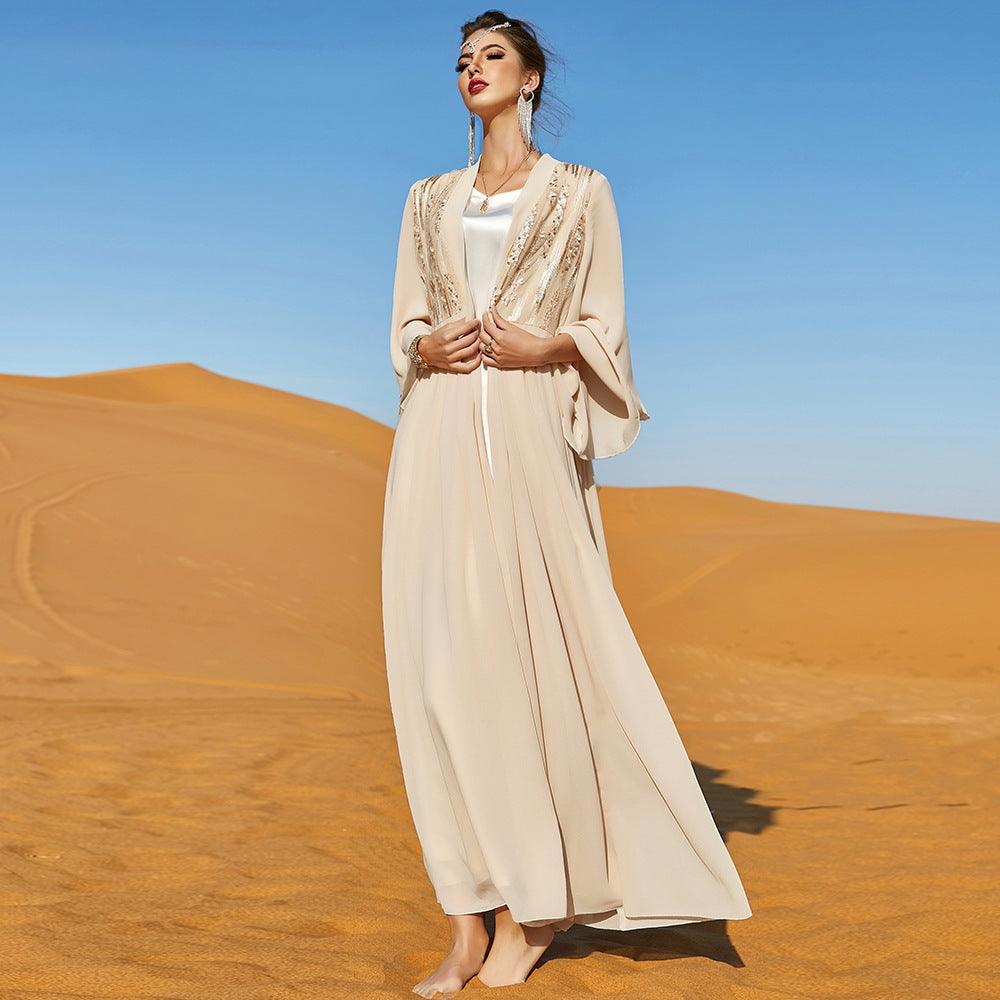 Beige Double-layer Chiffon Fashionable Outerwear Dress - Nioor