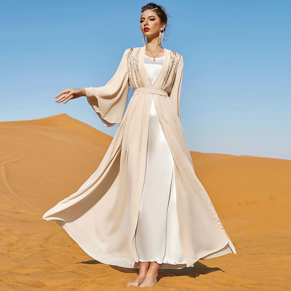 Beige Double-layer Chiffon Fashionable Outerwear Dress - Nioor