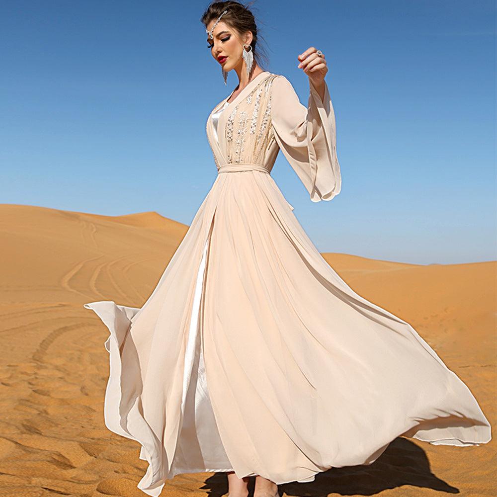 Beige Double-layer Chiffon Fashionable Outerwear Dress - Nioor