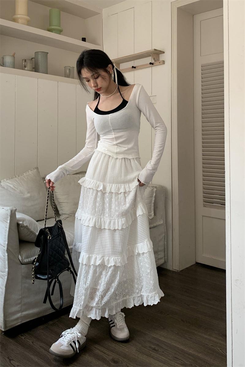 Three-dimensional Crochet Hollow Out Stitching Loose High Waist Skirt - Nioor