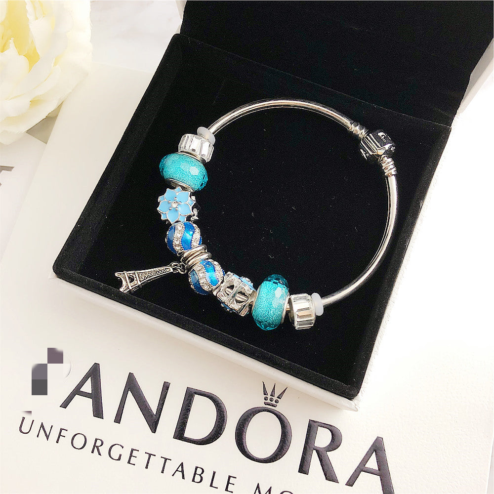 Round Bracelet Diamond Transparent Crystal Bracelet Silver Plated Glacier Blue Bracelet