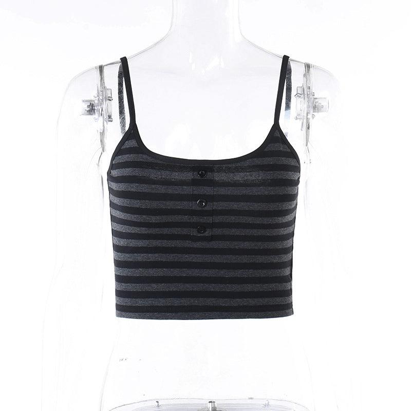 Black And Gray Striped Classic Slim Strap Top For Women - Nioor