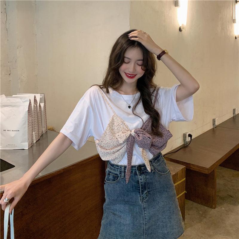 Bow Pure Cotton Loose Short Sleeve T-shirt Women's Fake Two-piece Top - Nioor