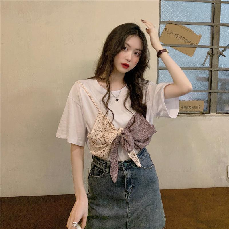 Bow Pure Cotton Loose Short Sleeve T-shirt Women's Fake Two-piece Top - Nioor