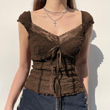 Brown Vintage Bow Fashion Top - Nioor