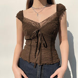 Brown Vintage Bow Fashion Top - Nioor