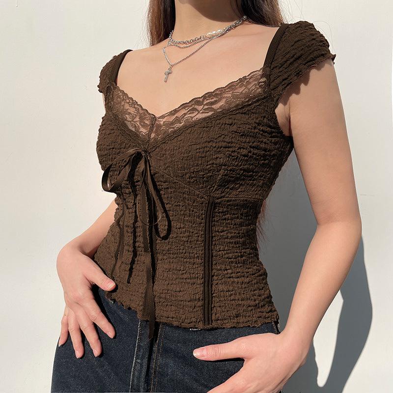 Brown Vintage Bow Fashion Top - Nioor