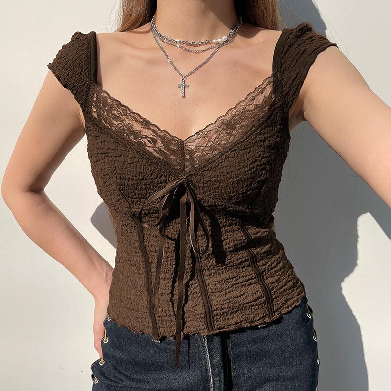 Brown Vintage Bow Fashion Top - Nioor