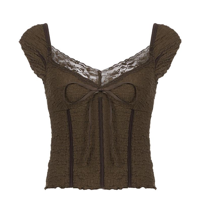 Brown Vintage Bow Fashion Top - Nioor