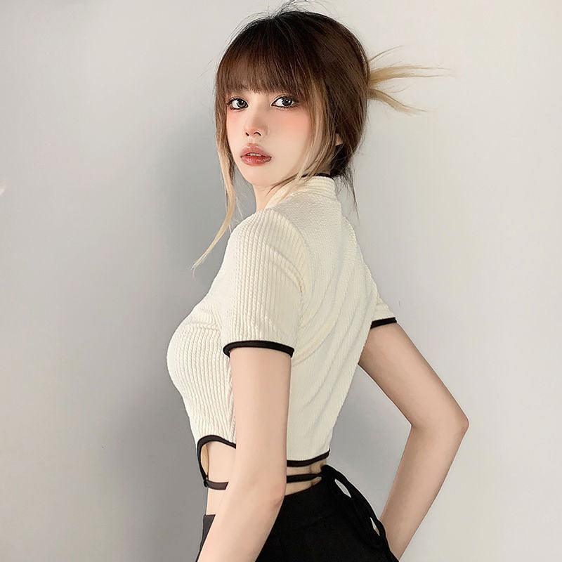 Buckle Stand Collar Texture Irregular Hem Slimming Lace Up High Waist Hot Girl Short T-shirt - Nioor