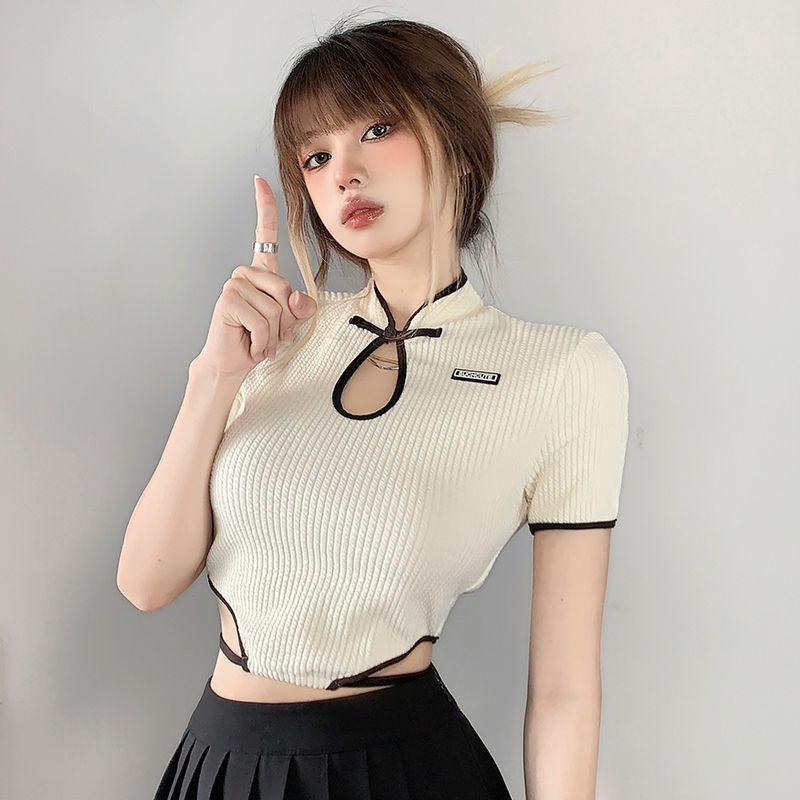 Buckle Stand Collar Texture Irregular Hem Slimming Lace Up High Waist Hot Girl Short T-shirt - Nioor