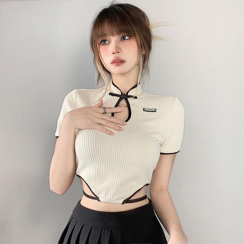 Buckle Stand Collar Texture Irregular Hem Slimming Lace Up High Waist Hot Girl Short T-shirt - Nioor