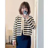 Buckle Striped Classic Style Knitted Cardigan Sweater Short Coat - Nioor