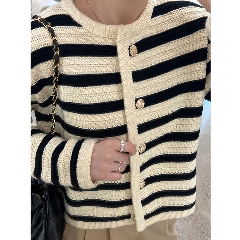 Buckle Striped Classic Style Knitted Cardigan Sweater Short Coat - Nioor