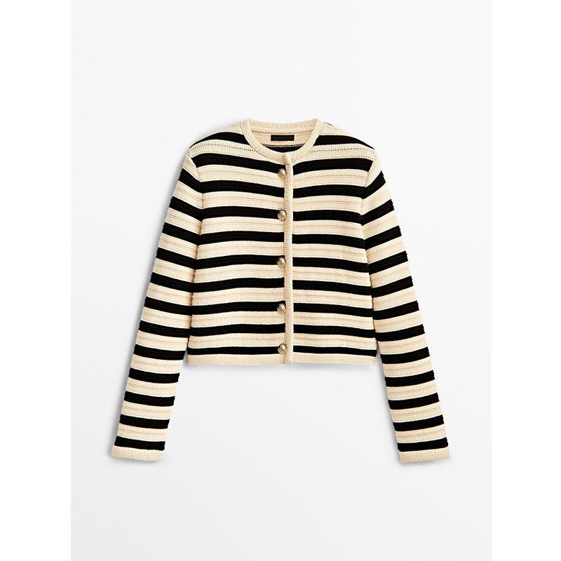 Buckle Striped Classic Style Knitted Cardigan Sweater Short Coat - Nioor